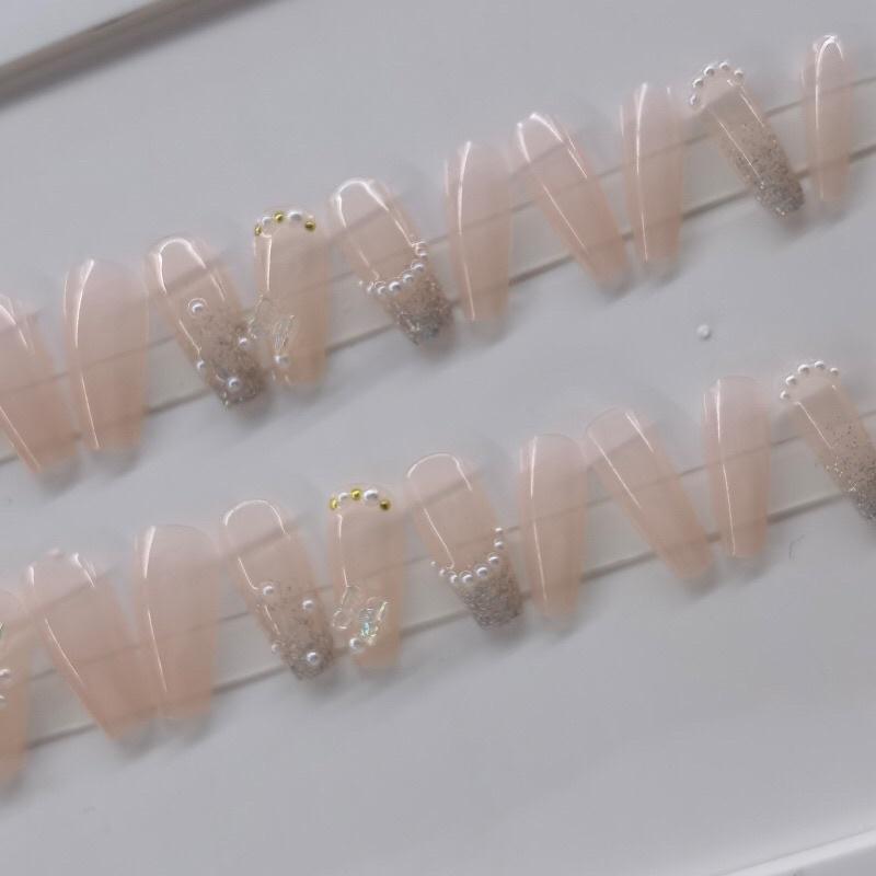 裸色珍珠蝴蝶亮面美甲貼片帶鑽款穿戴甲假指甲美甲成品指甲貼片 Y91-細節圖2