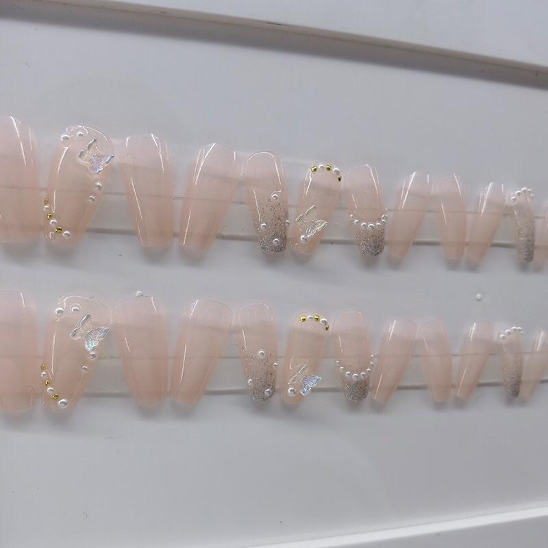 裸色珍珠蝴蝶亮面美甲貼片帶鑽款穿戴甲假指甲美甲成品指甲貼片 Y91-細節圖3