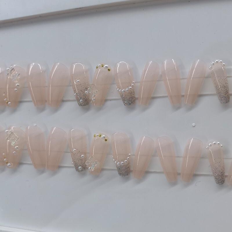 裸色珍珠蝴蝶亮面美甲貼片帶鑽款穿戴甲假指甲美甲成品指甲貼片 Y91-細節圖4