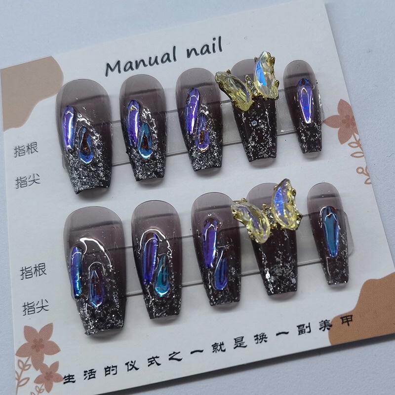 美甲穿戴甲透黑色搭配極光鑽爆閃美甲手工貼片穿戴甲成品 美甲DIY 美甲貼片 可重複使用 甲片貼 指甲貼片  暗黑系-細節圖2