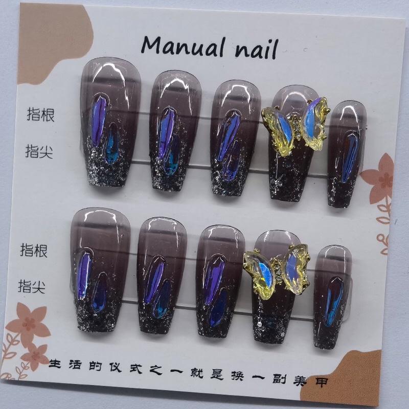 美甲穿戴甲透黑色搭配極光鑽爆閃美甲手工貼片穿戴甲成品 美甲DIY 美甲貼片 可重複使用 甲片貼 指甲貼片  暗黑系-細節圖3