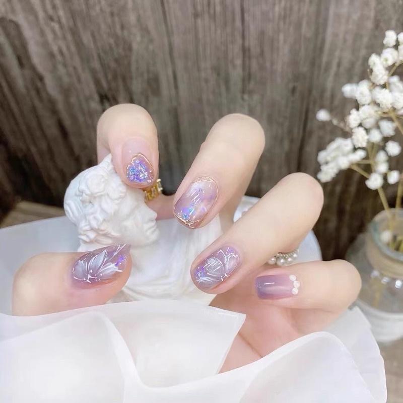 假指甲貼片成品 霧霾紫暈染冰花 甲片 穿戴甲片光療甲 手工美甲貼片 可拆卸 重複使用 可拆卸 紫色暈染山茶花-細節圖2