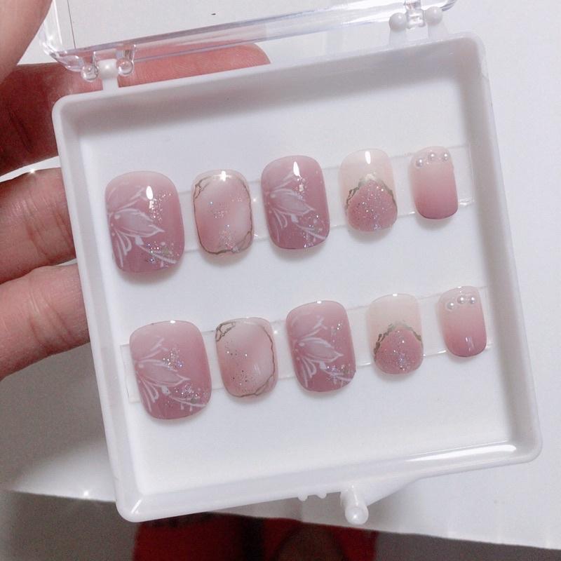 假指甲貼片成品 霧霾紫暈染冰花 甲片 穿戴甲片光療甲 手工美甲貼片 可拆卸 重複使用 可拆卸 紫色暈染山茶花-細節圖8