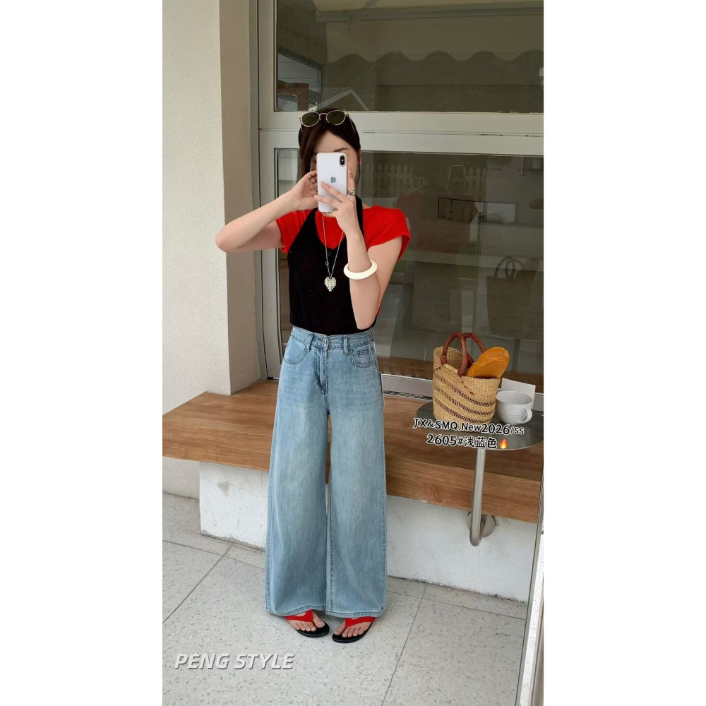 【PENG_STYLE】預購#2605薄料牛仔闊腿褲-細節圖7