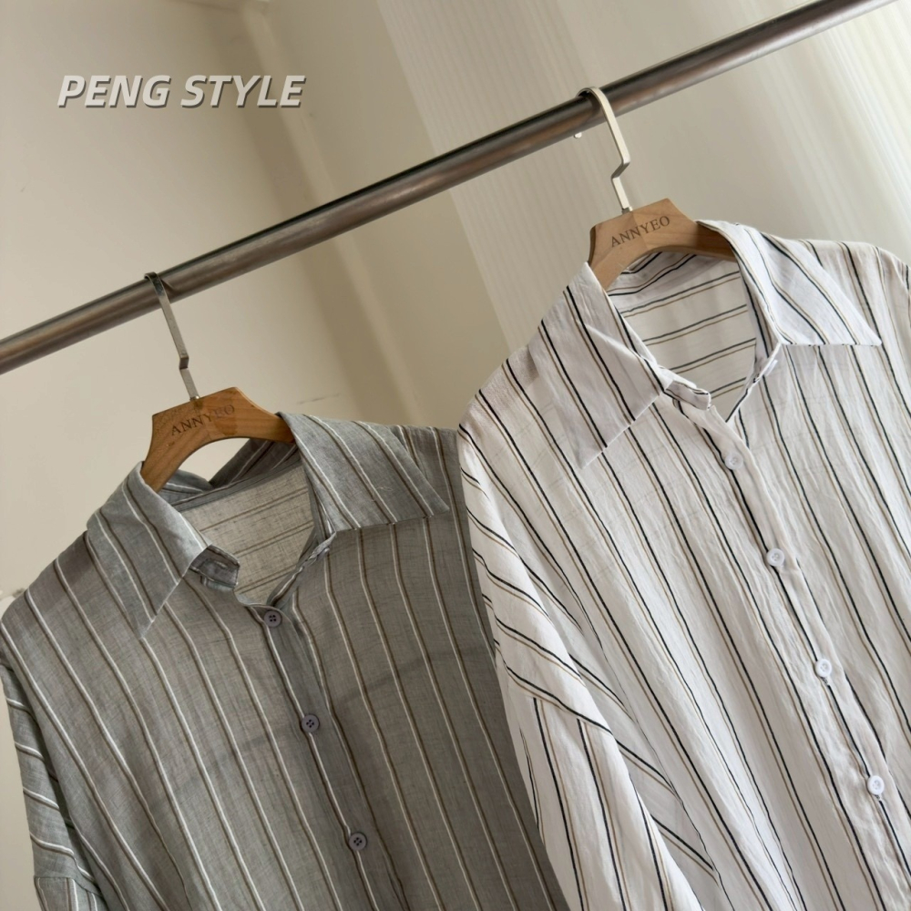 【PENG_STYLE】預購#8075-2 韓🇰🇷春夏款🍋絕美天絲麻沙直條襯衫🤍-細節圖2