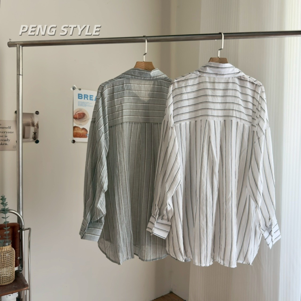 【PENG_STYLE】預購#8075-2 韓🇰🇷春夏款🍋絕美天絲麻沙直條襯衫🤍-細節圖4