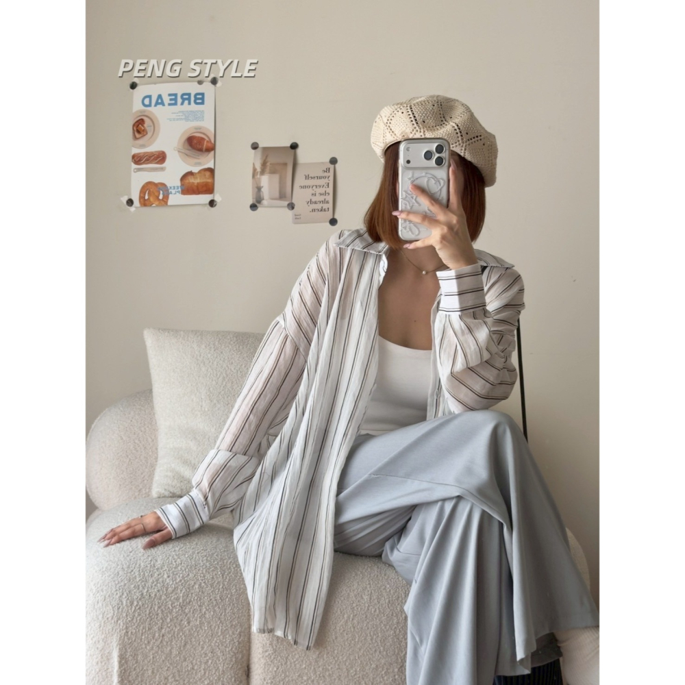 【PENG_STYLE】預購#8075-2 韓🇰🇷春夏款🍋絕美天絲麻沙直條襯衫🤍-細節圖5