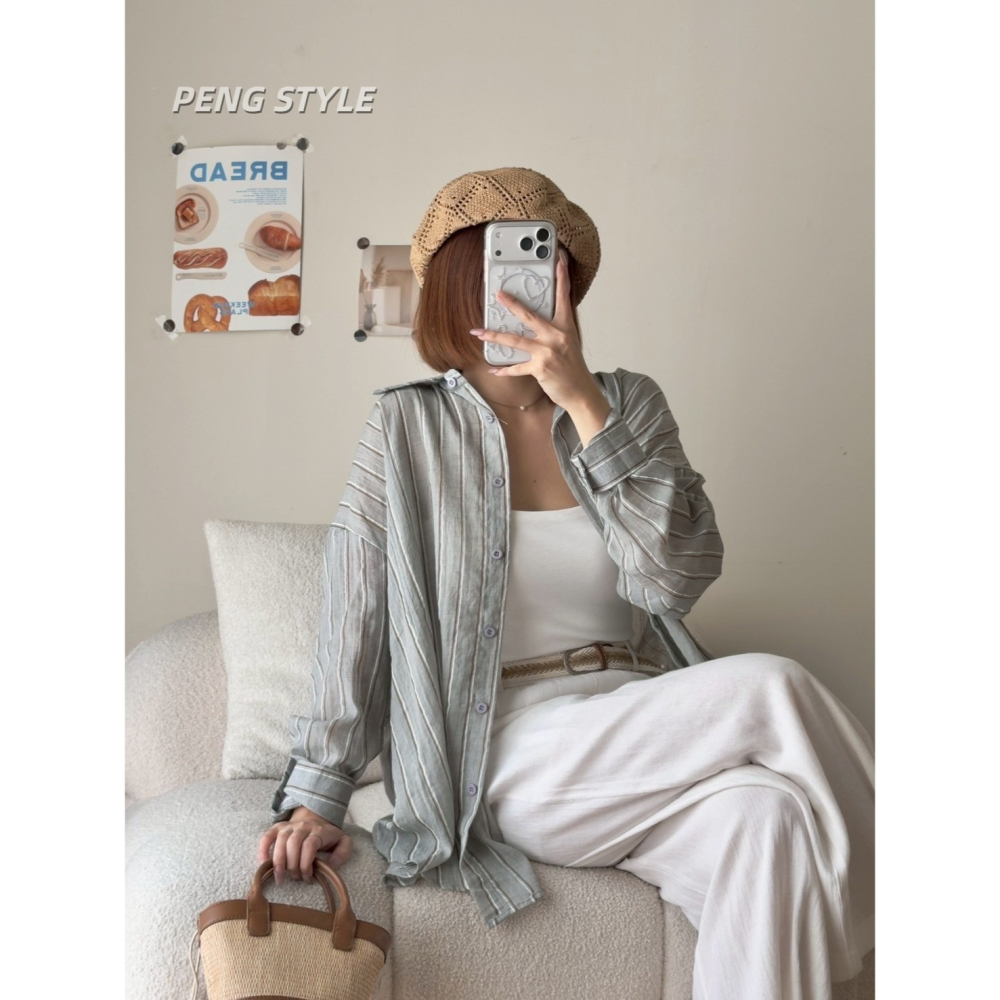 【PENG_STYLE】預購#8075-2 韓🇰🇷春夏款🍋絕美天絲麻沙直條襯衫🤍-細節圖9