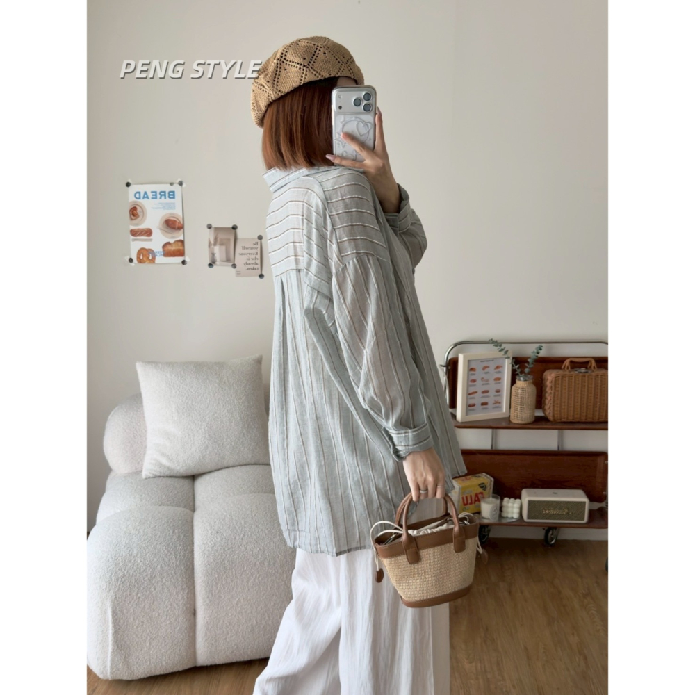 【PENG_STYLE】預購#8075-2 韓🇰🇷春夏款🍋絕美天絲麻沙直條襯衫🤍-細節圖11