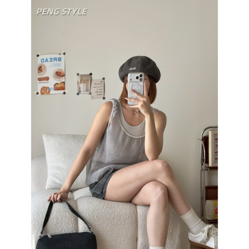 【PENG_STYLE】預購#1931 韓版🇰🇷春款🍋斜肩雪紡造型兩件式背心-細節圖7