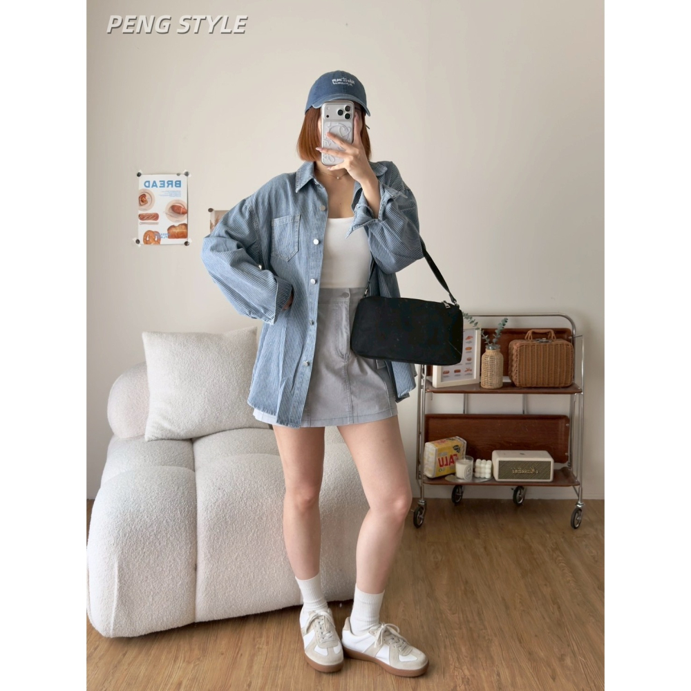 【PENG_STYLE】預購#1712-3 韓🇰🇷春夏款🍋牛仔薄款直條牛仔襯衫-細節圖4