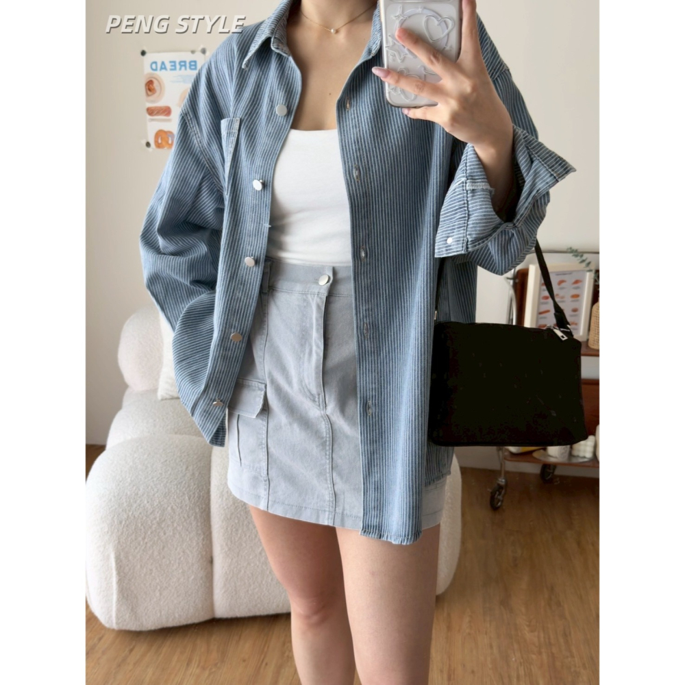 【PENG_STYLE】預購#1712-3 韓🇰🇷春夏款🍋牛仔薄款直條牛仔襯衫-細節圖5