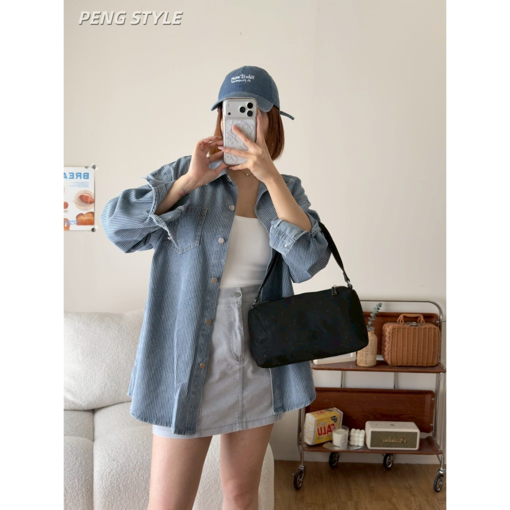 【PENG_STYLE】預購#1712-3 韓🇰🇷春夏款🍋牛仔薄款直條牛仔襯衫-細節圖6