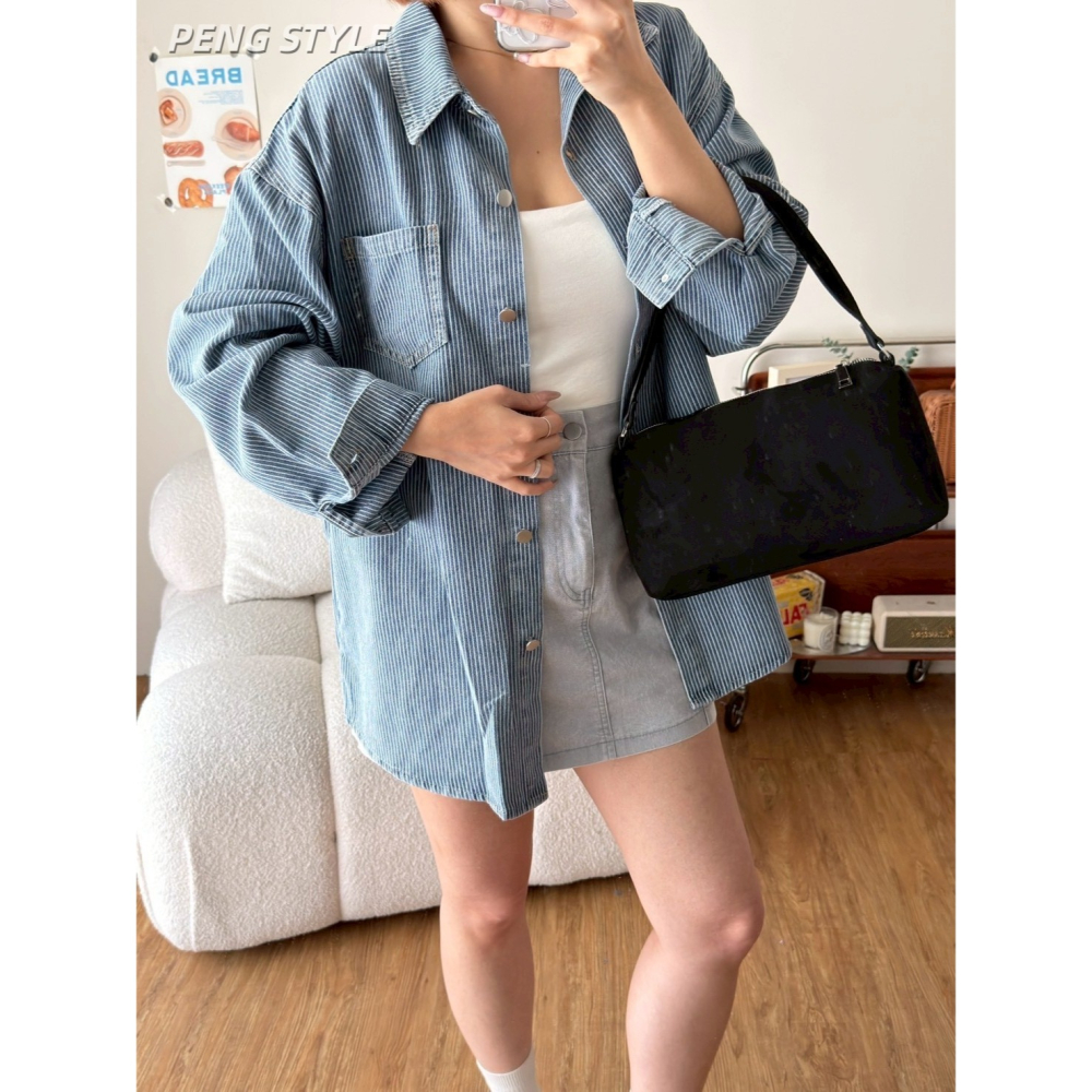 【PENG_STYLE】預購#1712-3 韓🇰🇷春夏款🍋牛仔薄款直條牛仔襯衫-細節圖7