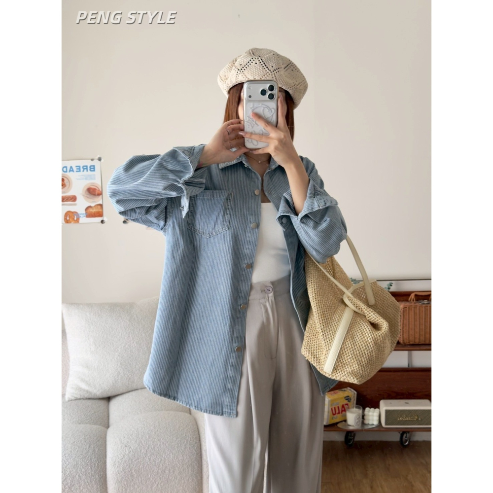 【PENG_STYLE】預購#1712-3 韓🇰🇷春夏款🍋牛仔薄款直條牛仔襯衫-細節圖10