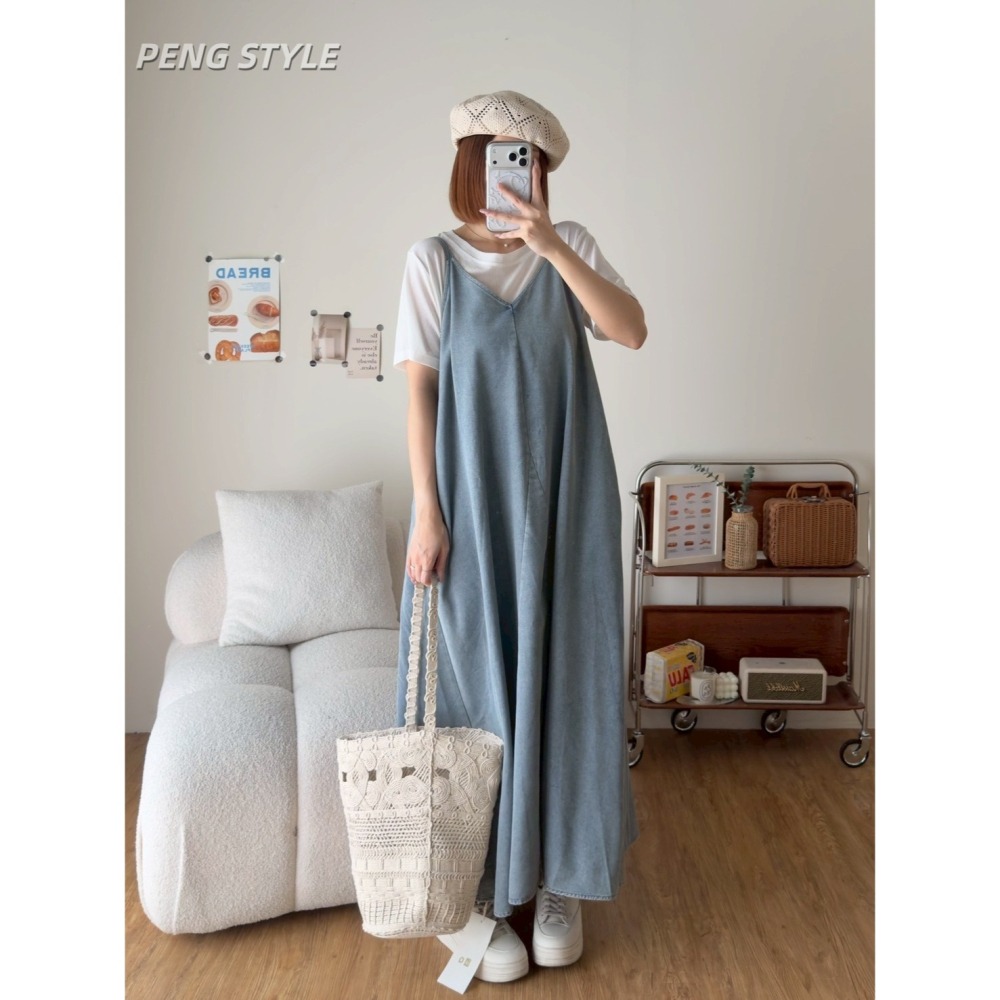 【PENG_STYLE】預購#86871 韓🇰🇷春夏款🍋洗水牛仔細肩洋裝-細節圖7