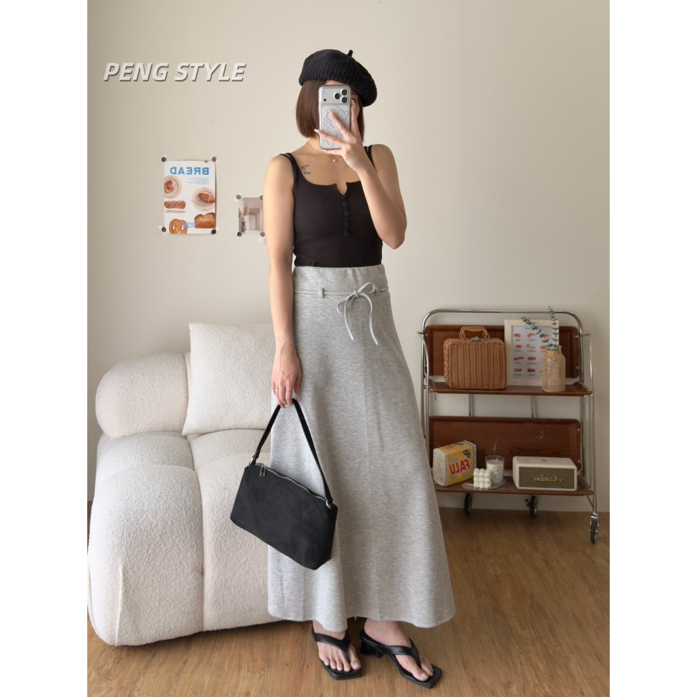 【PENG_STYLE】8月新款✨預購#02532 韓🇰🇷秋款🍂空氣棉腰繩長裙-細節圖4