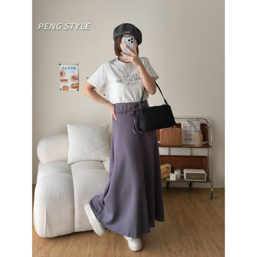 【PENG_STYLE】8月新款✨預購#02532 韓🇰🇷秋款🍂空氣棉腰繩長裙-細節圖7