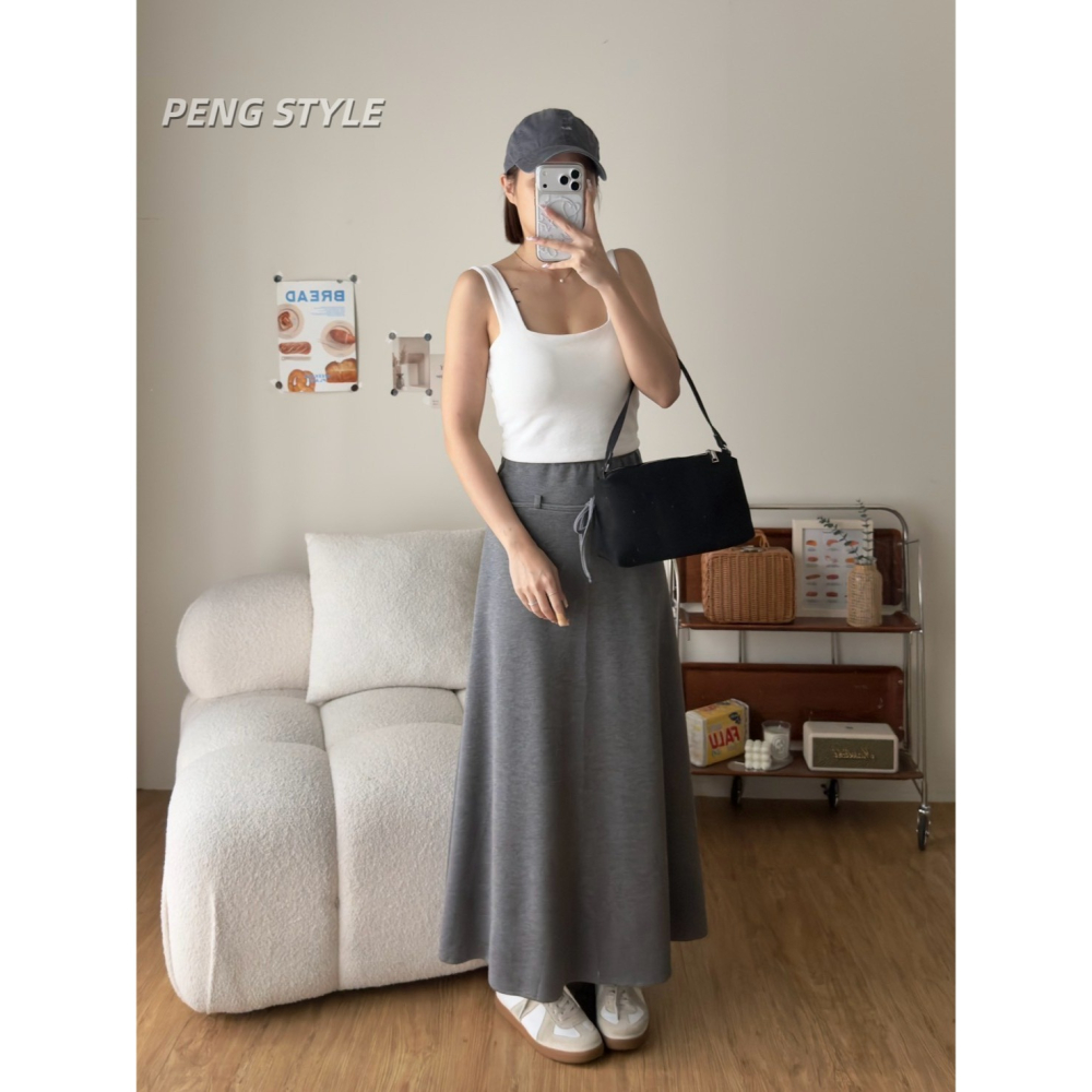 【PENG_STYLE】8月新款✨預購#02532 韓🇰🇷秋款🍂空氣棉腰繩長裙-細節圖10