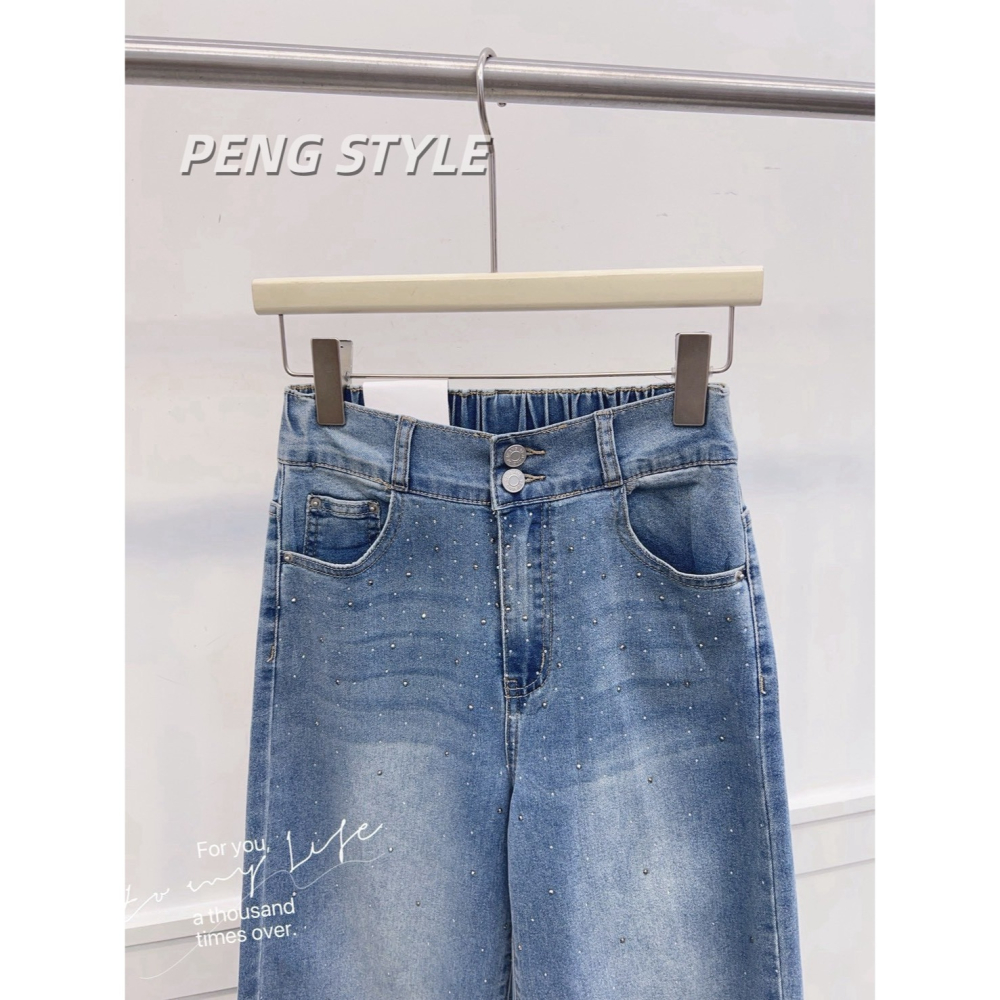 【PENG_STYLE】9月新款✨預購#7792C4韓版高級感雙釦設計滿鑽長腿彈力牛仔寬褲-細節圖3
