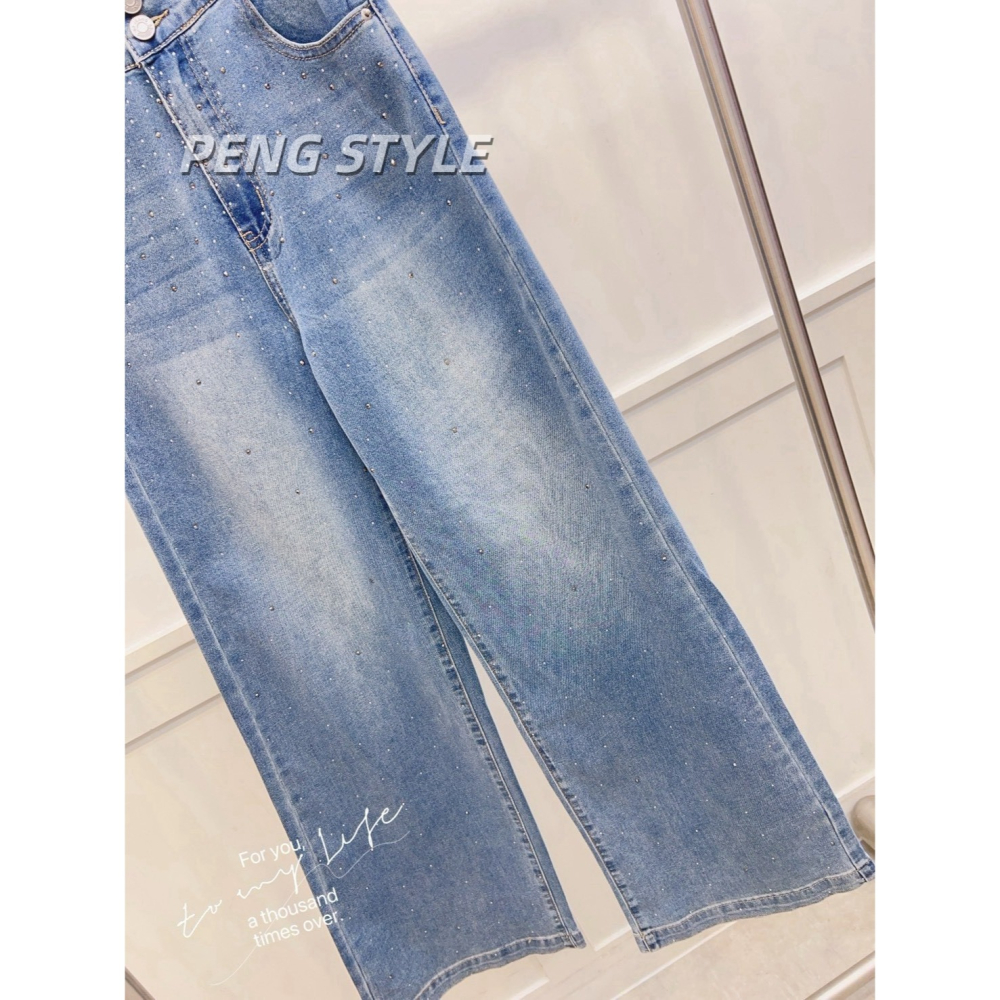 【PENG_STYLE】9月新款✨預購#7792C4韓版高級感雙釦設計滿鑽長腿彈力牛仔寬褲-細節圖4