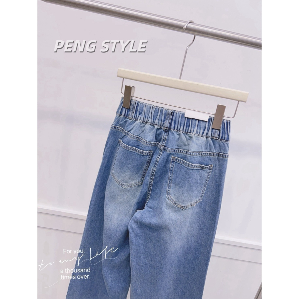 【PENG_STYLE】9月新款✨預購#7792C4韓版高級感雙釦設計滿鑽長腿彈力牛仔寬褲-細節圖5
