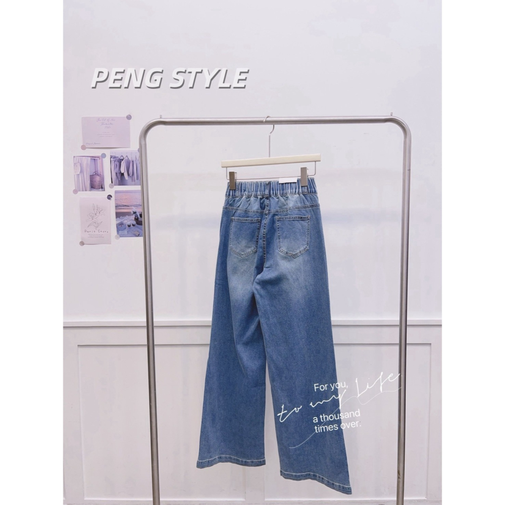 【PENG_STYLE】9月新款✨預購#7792C4韓版高級感雙釦設計滿鑽長腿彈力牛仔寬褲-細節圖6