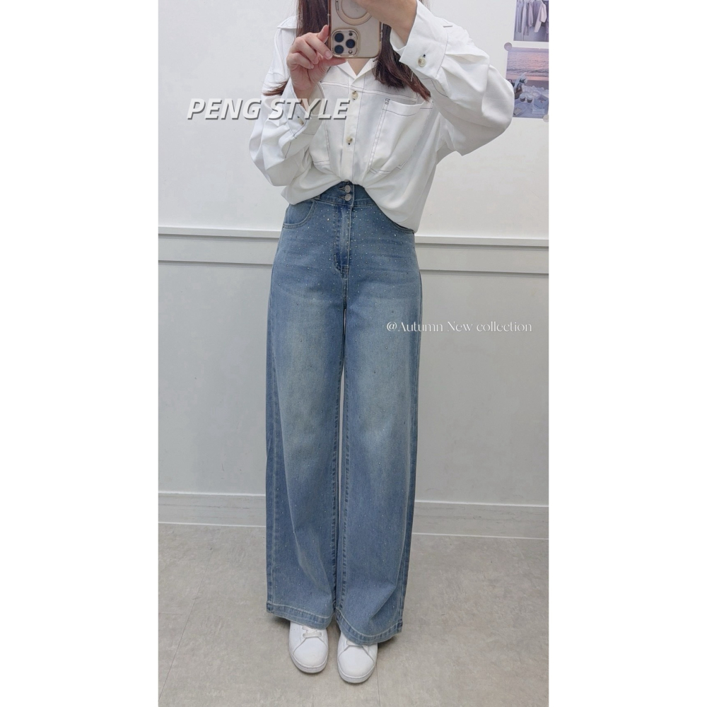 【PENG_STYLE】9月新款✨預購#7792C4韓版高級感雙釦設計滿鑽長腿彈力牛仔寬褲-細節圖7