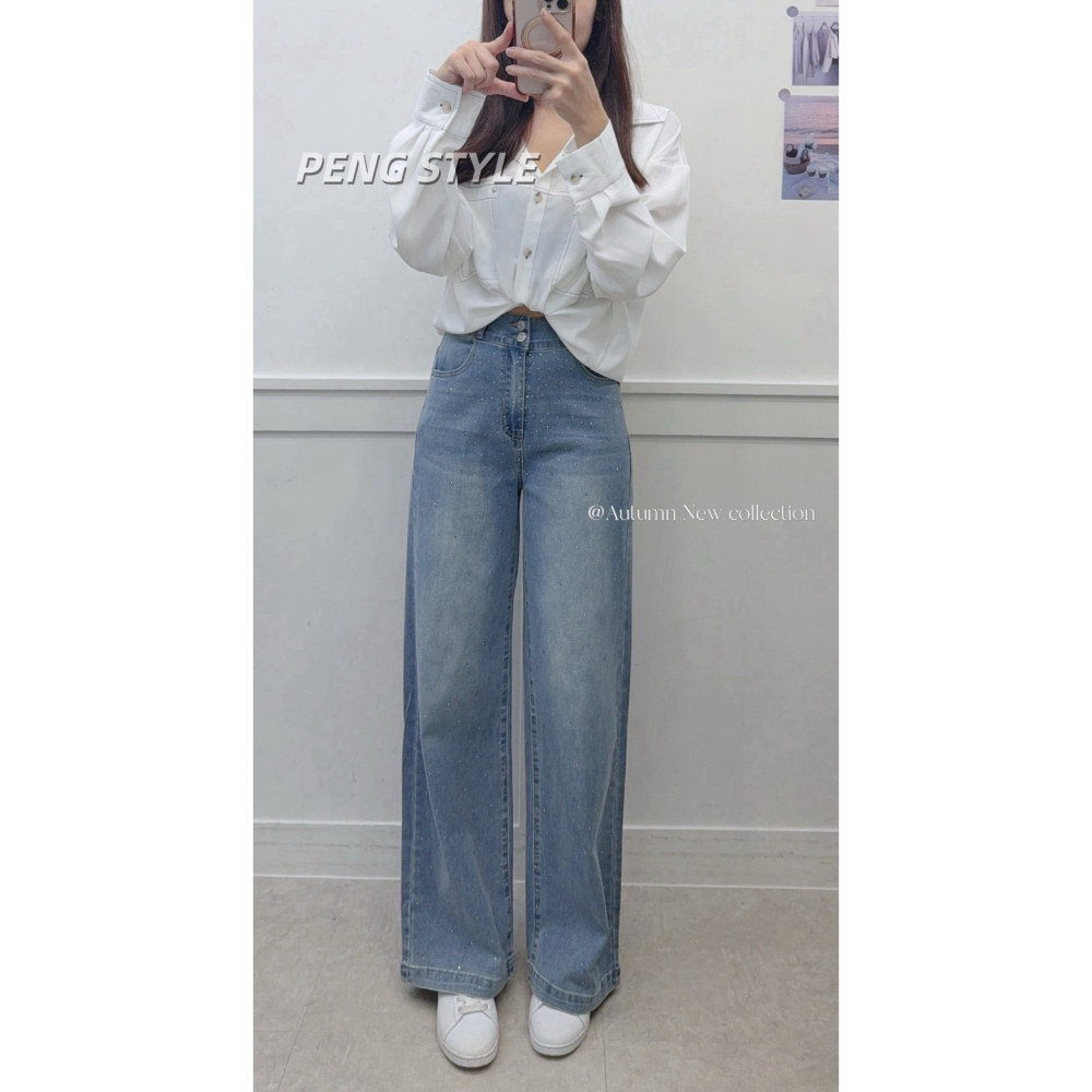 【PENG_STYLE】9月新款✨預購#7792C4韓版高級感雙釦設計滿鑽長腿彈力牛仔寬褲-細節圖8