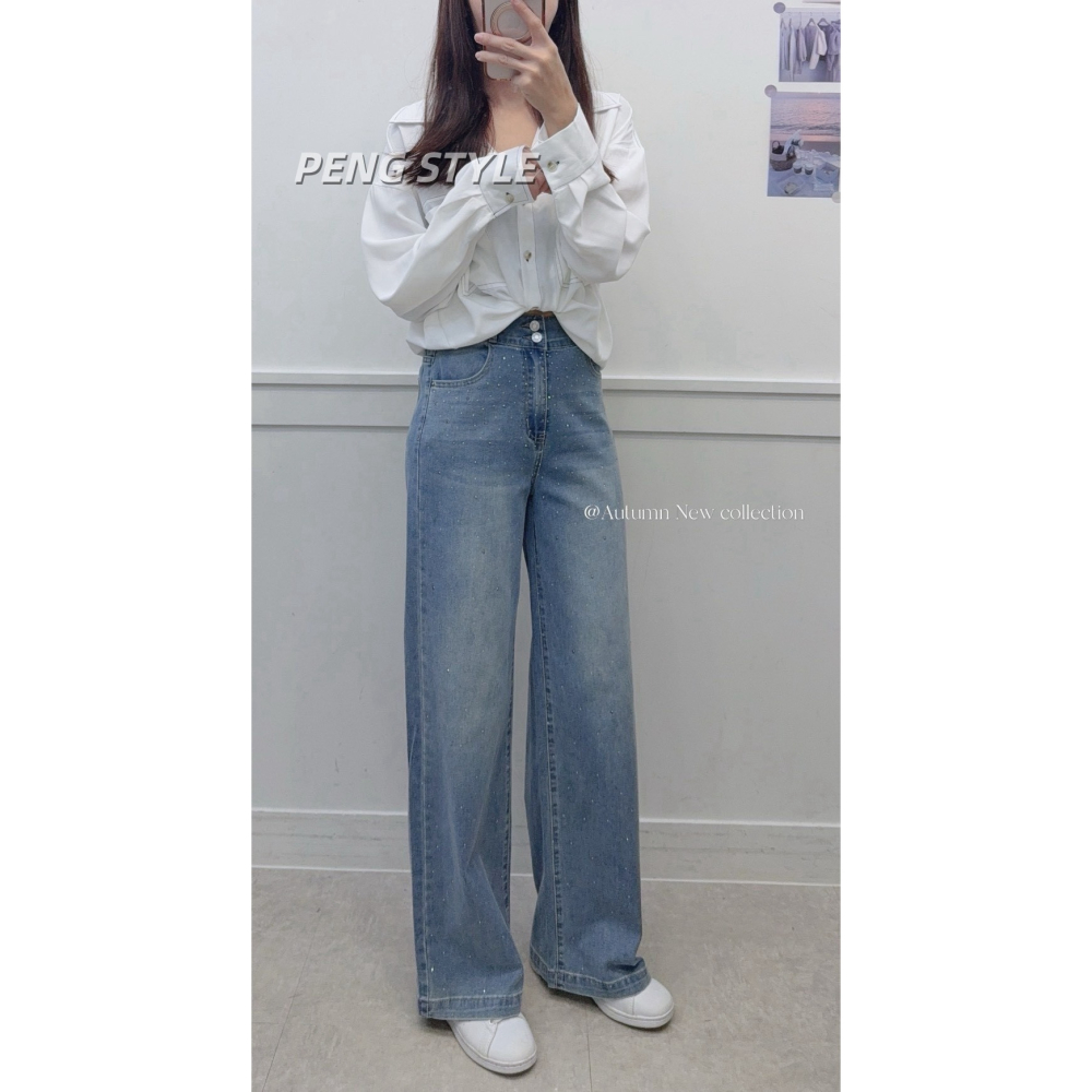 【PENG_STYLE】9月新款✨預購#7792C4韓版高級感雙釦設計滿鑽長腿彈力牛仔寬褲-細節圖9