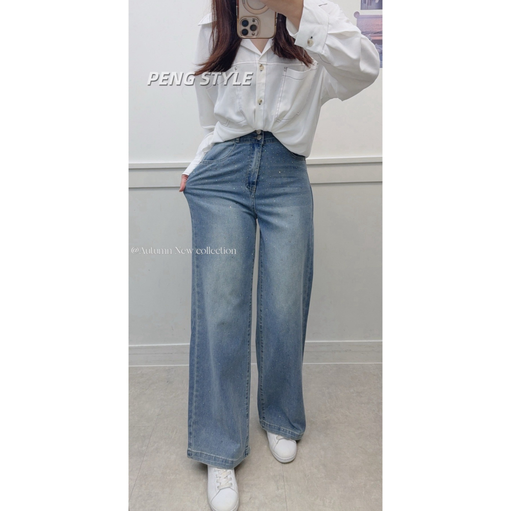 【PENG_STYLE】9月新款✨預購#7792C4韓版高級感雙釦設計滿鑽長腿彈力牛仔寬褲-細節圖10