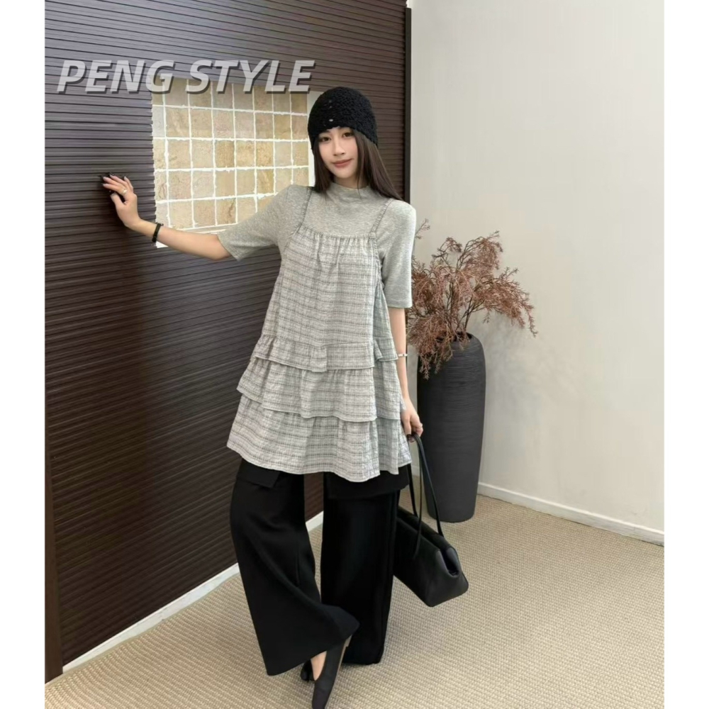 【PENG_STYLE】9月新款✨預購#5785B4韓系甜美格子細肩荷葉拼接疊穿短洋裝-細節圖6