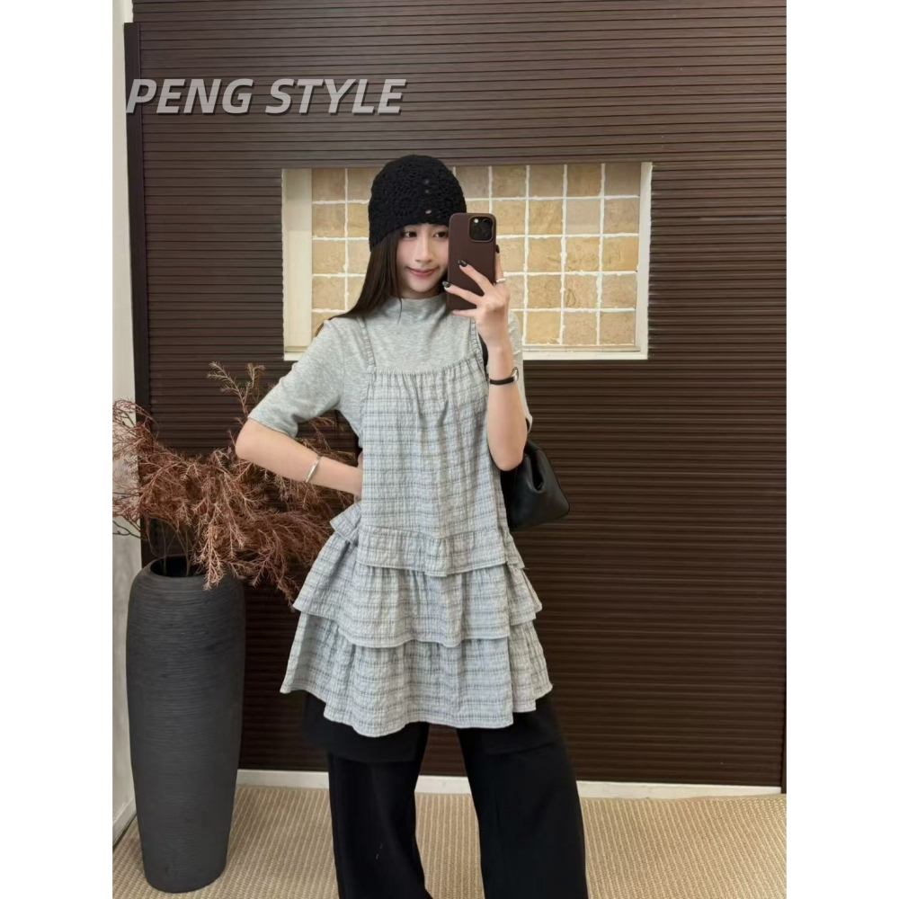 【PENG_STYLE】9月新款✨預購#5785B4韓系甜美格子細肩荷葉拼接疊穿短洋裝-細節圖7