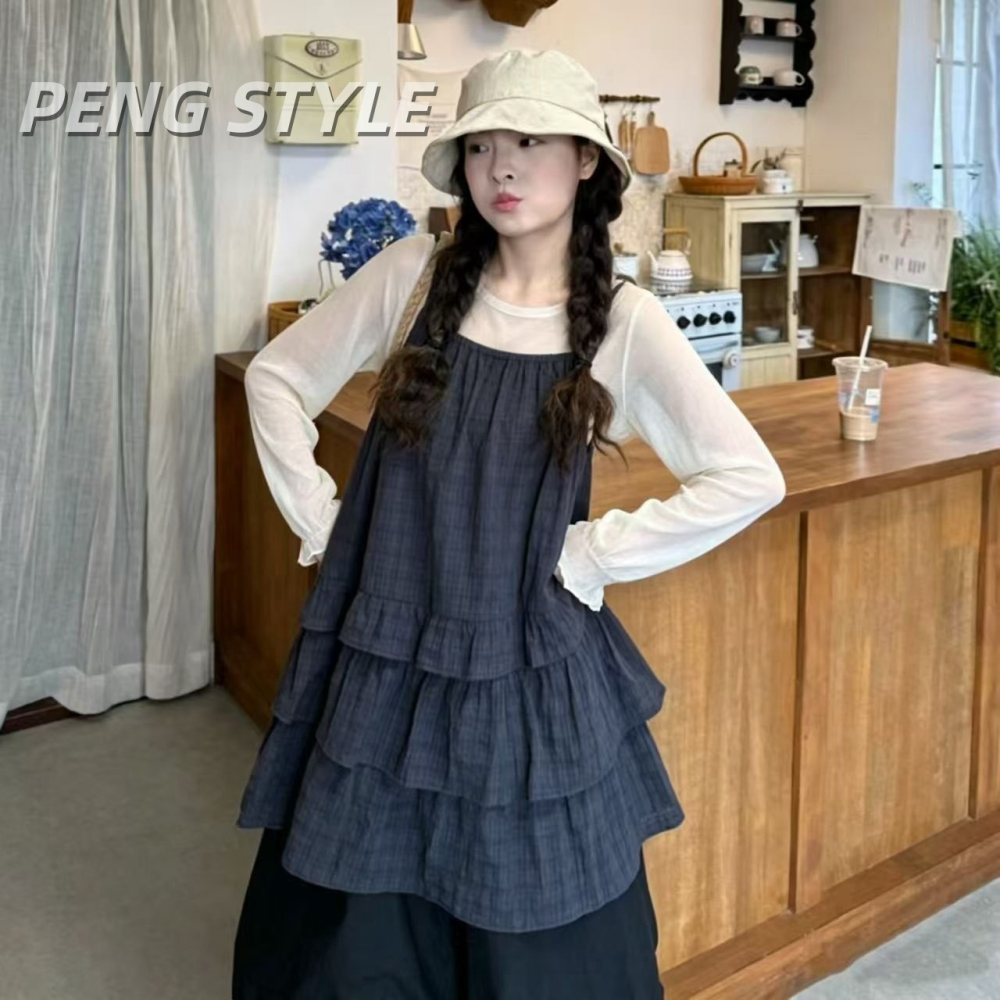 【PENG_STYLE】9月新款✨預購#5785B4韓系甜美格子細肩荷葉拼接疊穿短洋裝-細節圖8
