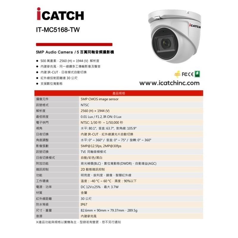 【附變壓器】可取 iCATCH IT-MC5168-TW 半球型 500萬畫素鏡頭 同軸音頻攝影機-細節圖2