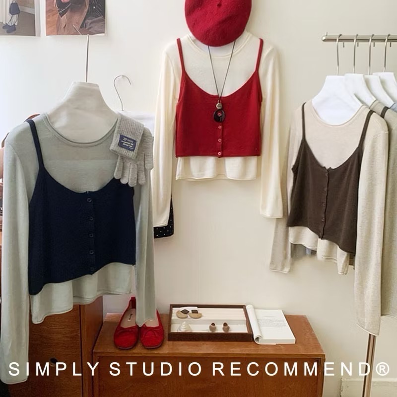 𝐒𝐈𝐌𝐏𝐋𝐘 𝐒𝐓𝐔𝐃𝐈𝐎 ☻ 韓版 秋季新款 疊穿紐扣羊毛卷邊長袖針織衫兩件套  6色售-細節圖6