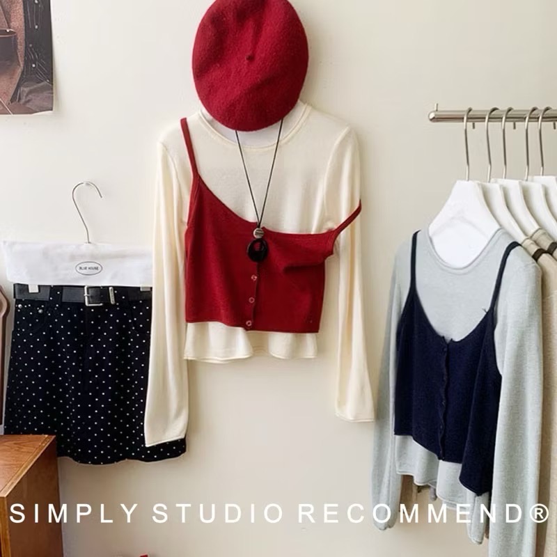 𝐒𝐈𝐌𝐏𝐋𝐘 𝐒𝐓𝐔𝐃𝐈𝐎 ☻ 韓版 秋季新款 疊穿紐扣羊毛卷邊長袖針織衫兩件套  6色售-細節圖8