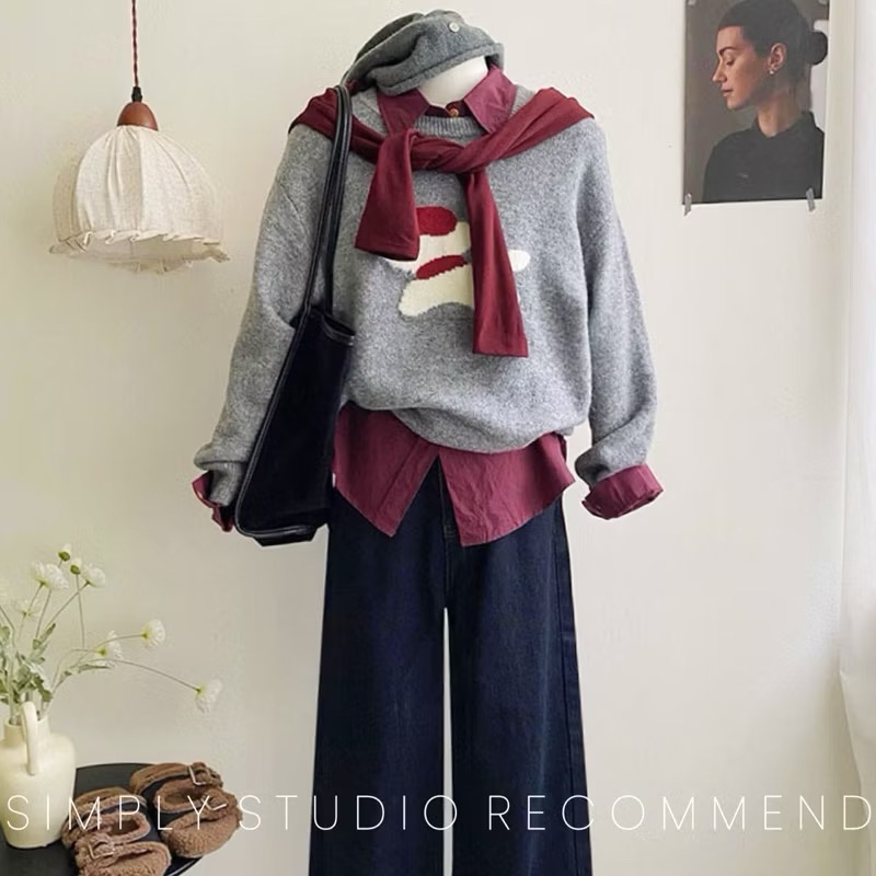 𝐒𝐈𝐌𝐏𝐋𝐘 𝐒𝐓𝐔𝐃𝐈𝐎 ☻ 韓版 秋季新款 童趣小紅帽狗狗提花慵懶軟糯針織衫上衣 4色售-細節圖2