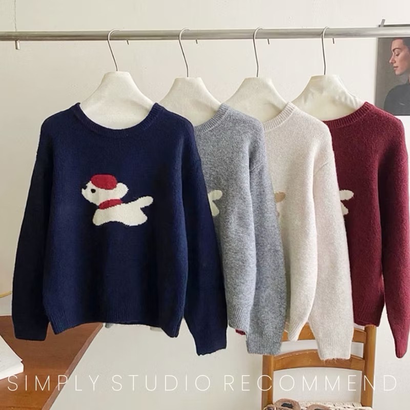 𝐒𝐈𝐌𝐏𝐋𝐘 𝐒𝐓𝐔𝐃𝐈𝐎 ☻ 韓版 秋季新款 童趣小紅帽狗狗提花慵懶軟糯針織衫上衣 4色售-細節圖3