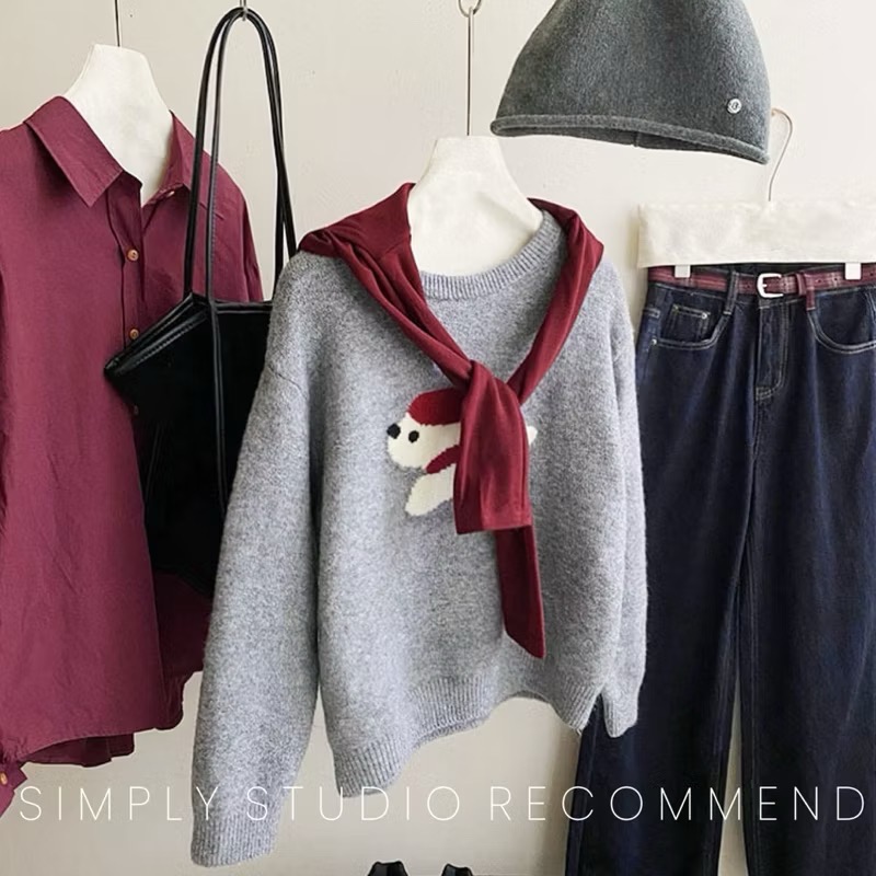 𝐒𝐈𝐌𝐏𝐋𝐘 𝐒𝐓𝐔𝐃𝐈𝐎 ☻ 韓版 秋季新款 童趣小紅帽狗狗提花慵懶軟糯針織衫上衣 4色售-細節圖4