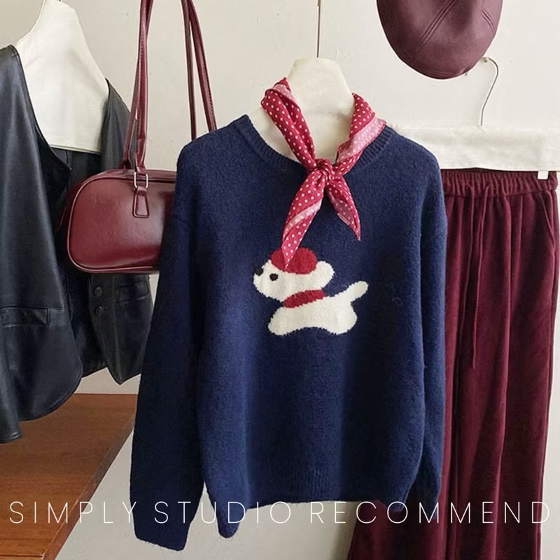 𝐒𝐈𝐌𝐏𝐋𝐘 𝐒𝐓𝐔𝐃𝐈𝐎 ☻ 韓版 秋季新款 童趣小紅帽狗狗提花慵懶軟糯針織衫上衣 4色售-細節圖5