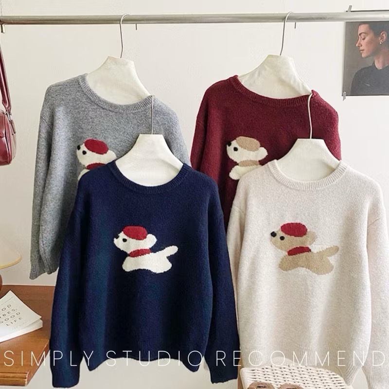 𝐒𝐈𝐌𝐏𝐋𝐘 𝐒𝐓𝐔𝐃𝐈𝐎 ☻ 韓版 秋季新款 童趣小紅帽狗狗提花慵懶軟糯針織衫上衣 4色售-細節圖6