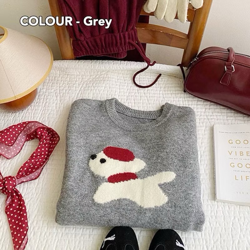 𝐒𝐈𝐌𝐏𝐋𝐘 𝐒𝐓𝐔𝐃𝐈𝐎 ☻ 韓版 秋季新款 童趣小紅帽狗狗提花慵懶軟糯針織衫上衣 4色售-規格圖6