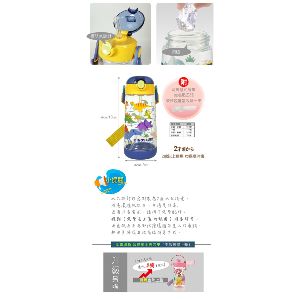 Skater 480ml PET吸管水壺｜恐龍水壺｜PDSH5｜透明水壺｜吸管水壺-細節圖3