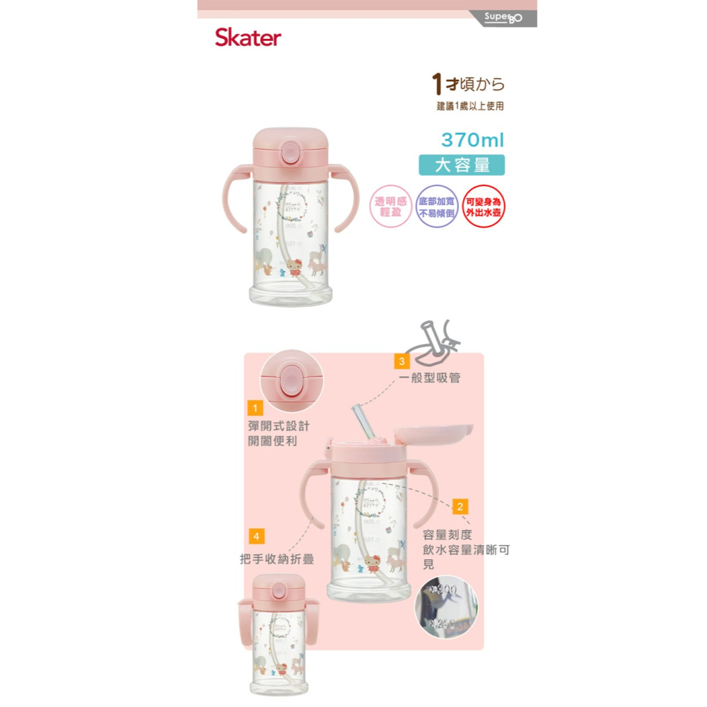 Skater 370ml 寬底吸管水壺｜KITTY水壺｜凱蒂貓水壺｜KSHW2N｜透明水壺｜吸管水壺｜透明吸管水壺-細節圖2