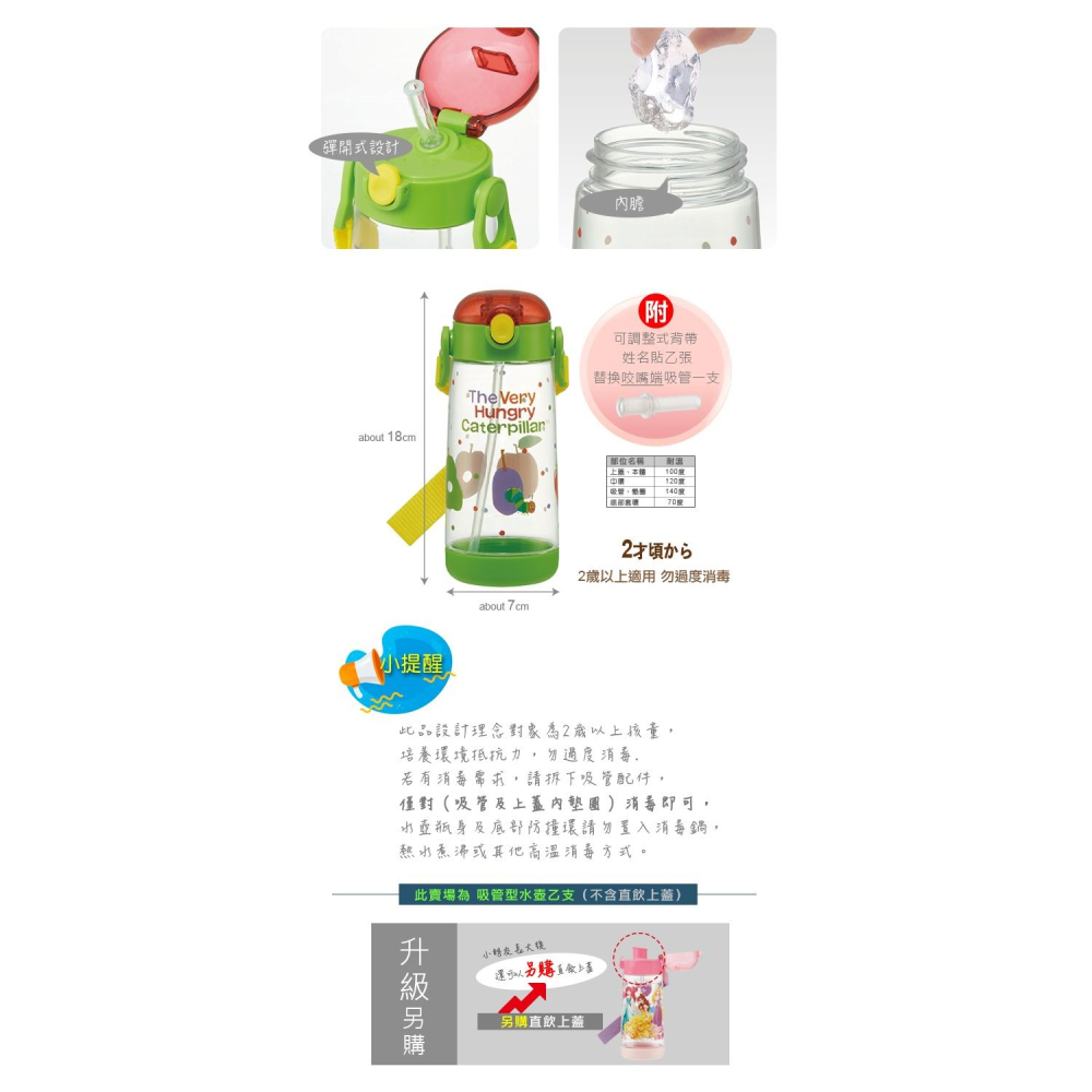 Skater 480ml PET吸管水壺｜好餓的毛毛蟲水壺｜毛毛蟲水壺｜PDSH5｜透明水壺｜吸管水壺-細節圖3