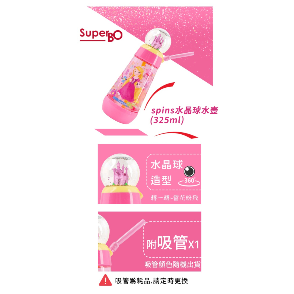 SuperBO 325ml 水晶球水壺｜迪士尼公主水壺｜公主水壺｜迪士尼吸管水壺｜迪士尼公主吸管水壺-細節圖2