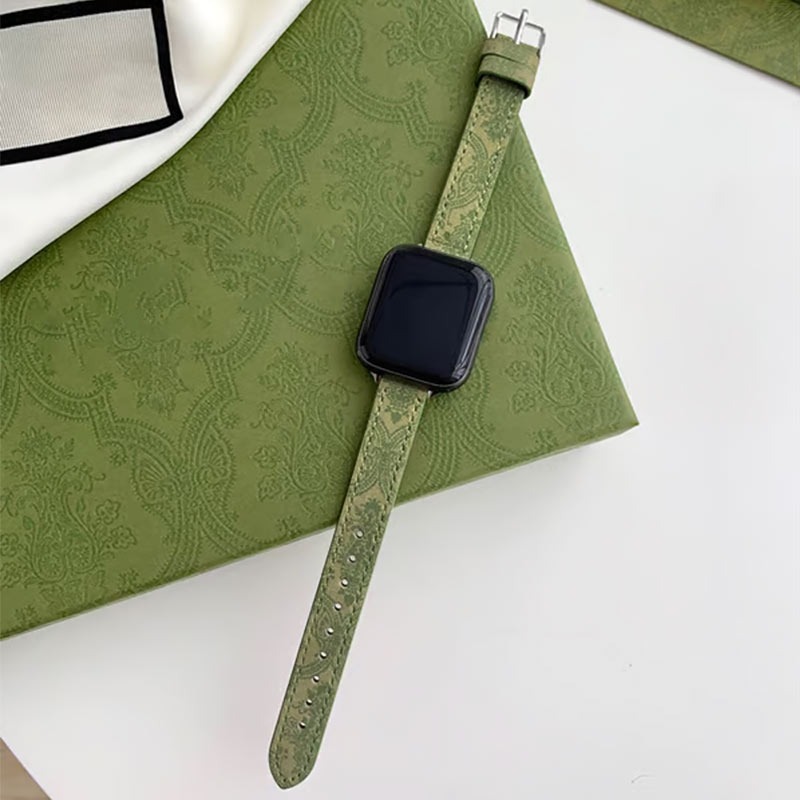 多尺寸 【快速出貨】Apple Watch 綠色印花錶帶 綠色皮質 細款 粗款 皮錶帶 iWatch 抹茶綠 替換錶帶-細節圖3