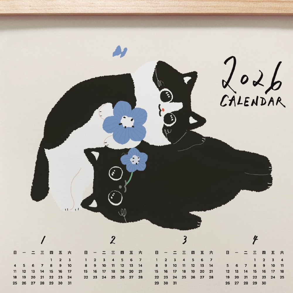 森蕗插畫🌲新款🌲 2026 A3年曆黑貓賓士叼花掛曆海報 臥室裝飾牆壁裝飾牆面裝飾居家裝飾房間交換禮物朋友生日禮物-細節圖3