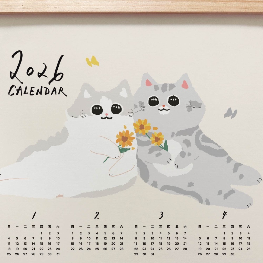 森蕗插畫🌲新款🌲 2026 A3年曆灰貓布偶貓叼花掛曆海報 臥室裝飾牆壁裝飾牆面裝飾居家裝飾房間交換禮物朋友生日禮物-細節圖3